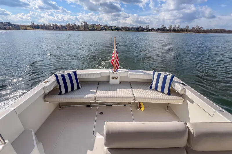  Yacht Photos Pics 2008 Back Cove 29 boat with striped cushions, American flag, on calm water under blue sky.