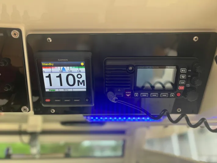  Yacht Photos Pics Control panel of a 2014 Scout 350 LXF boat with navigation instruments.