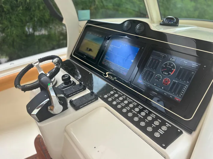  Yacht Photos Pics 2014 Scout 350 LXF boat dashboard with advanced navigation and control systems.