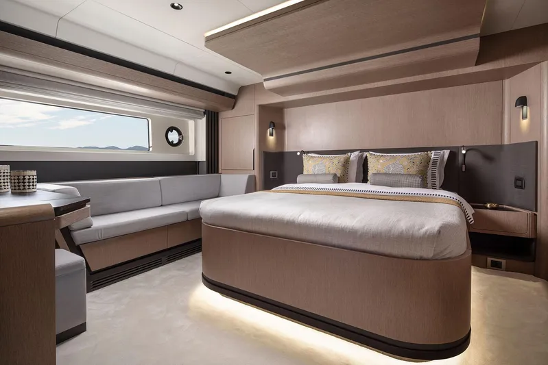  Yacht Photos Pics Luxurious interior of 2025 Sirena 48 yacht with modern bedroom design.