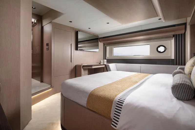  Yacht Photos Pics Luxurious interior of 2025 Sirena 48 yacht with modern bedroom design.