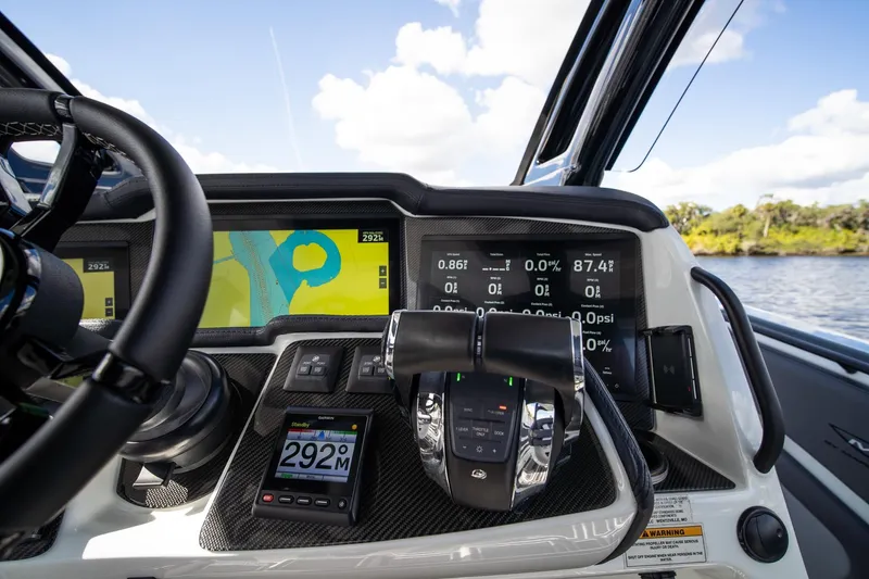  Yacht Photos Pics Dashboard of 2020 MTI V42 boat with navigation and control systems.