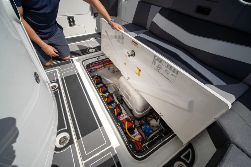  Yacht Photos Pics 2020 MTI V42 boat showing open hatch with battery compartment and wiring.
