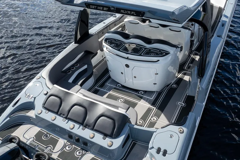  Yacht Photos Pics Luxury MTI V42 boat interior with sleek seating and modern design, 2020 model.