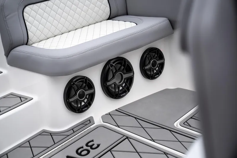  Yacht Photos Pics 2025 Donzi 39 VRZ interior with speakers and quilted seating.