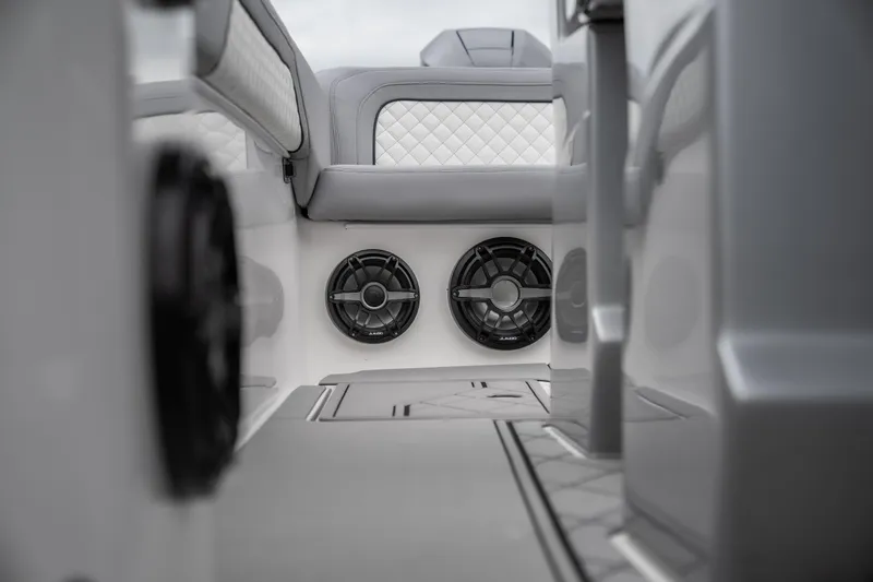  Yacht Photos Pics Interior of 2025 Donzi 39 VRZ boat featuring sleek design and built-in speakers.