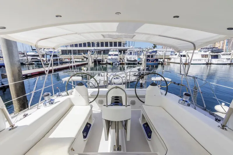 Blue Moon Yacht Photos Pics Cockpit view of 2004 Catalina 400 MkII yacht docked at marina.