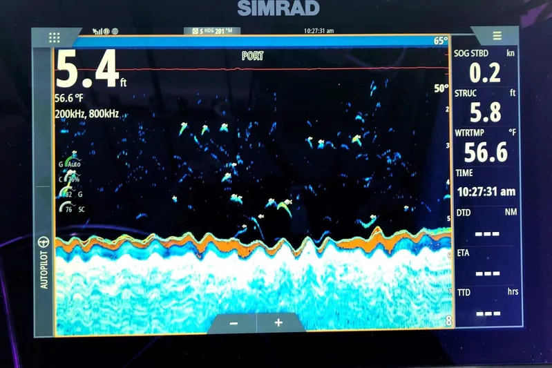  Yacht Photos Pics Simrad fishfinder display on 2017 Osprey 30 Fisherman, showing depth and water temperature.