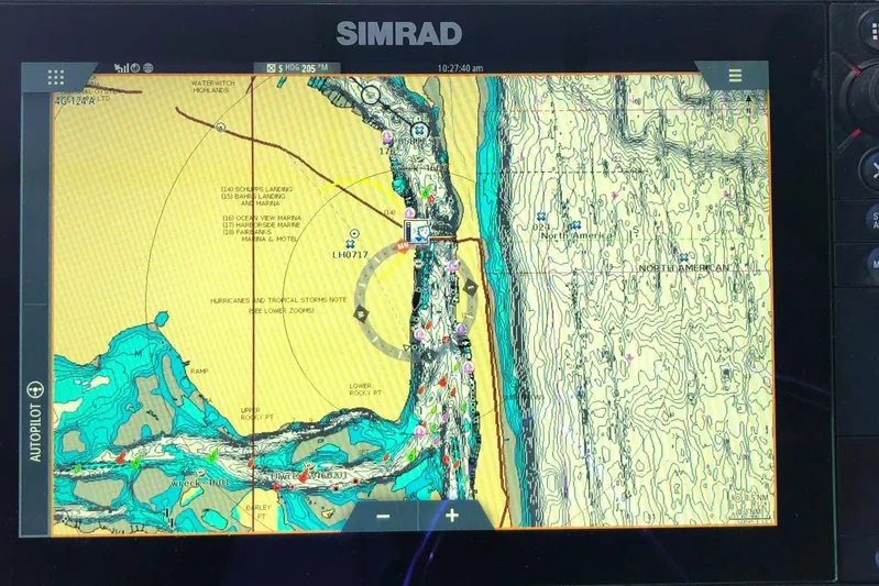  Yacht Photos Pics Simrad marine navigation display on 2017 Osprey 30 Fisherman boat, showing detailed coastal map.