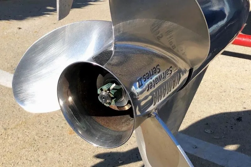  Yacht Photos Pics Shiny stainless steel boat propeller on a 2017 Osprey 30 Fisherman.