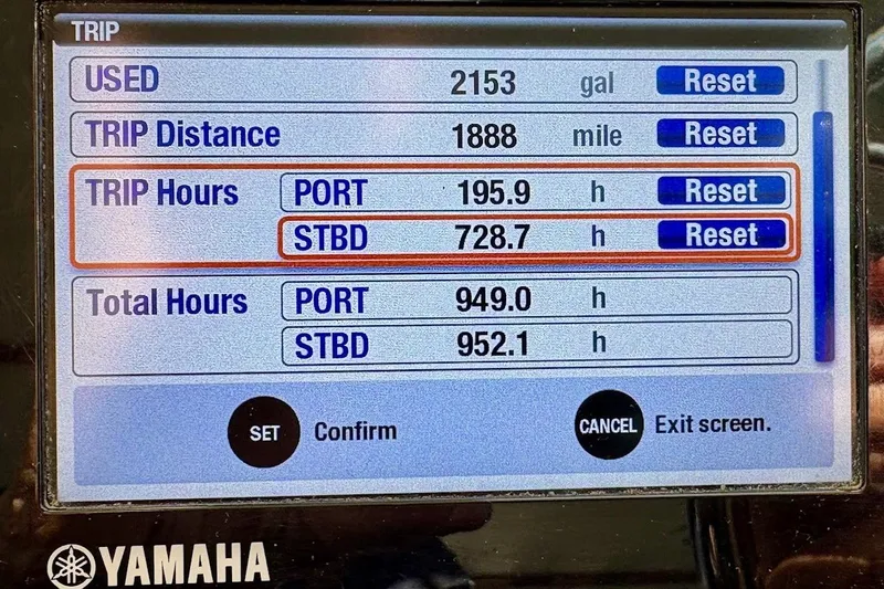 Yacht Photos Pics Yamaha boat display showing trip data: 2153 gallons used, 1888 miles traveled.