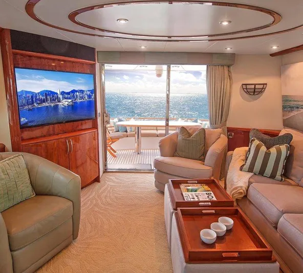  Yacht Photos Pics Luxurious interior of 2007 Lazzara 68 yacht with ocean view and comfortable seating.