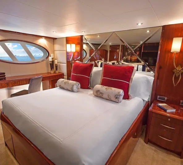  Yacht Photos Pics Luxurious bedroom interior of 2007 Lazzara 68 yacht with elegant decor and ocean view.