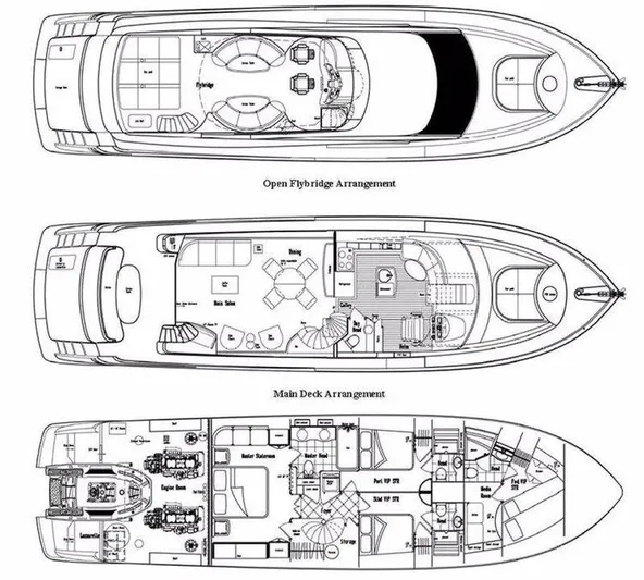  Yacht Photos Pics Floor plan of a 2007 Lazzara 68 yacht, showing flybridge and main deck arrangements.