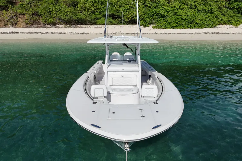  Yacht Photos Pics 2024 Southport 30 FE boat on clear water near a sandy beach and lush greenery.