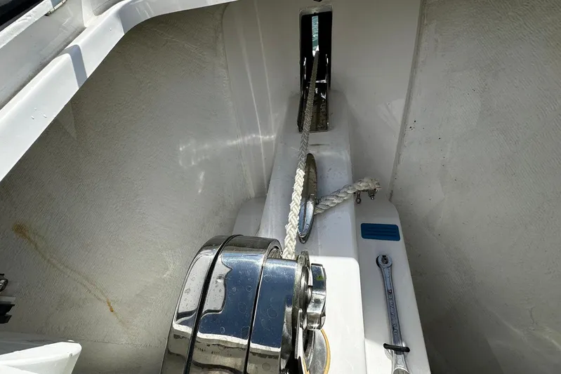  Yacht Photos Pics Anchor locker of 2024 Southport 30 FE boat with rope and winch.