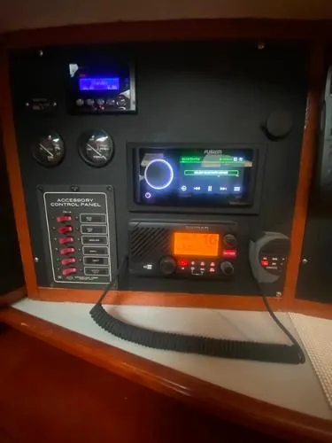 Patience Yacht Photos Pics Control panel of a 1989 Irwin 54 yacht with navigation and communication equipment.