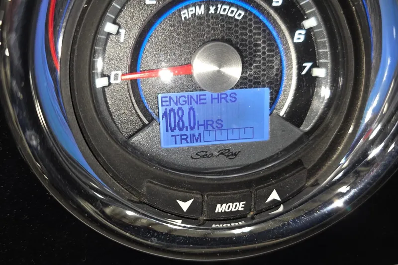  Yacht Photos Pics Close-up of 2017 Sea Ray SLX 280 tachometer showing 108 engine hours.