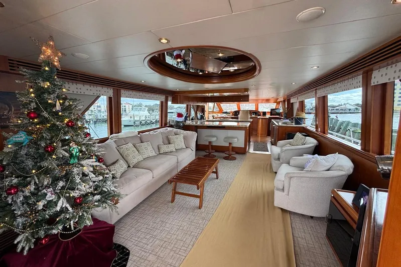  Yacht Photos Pics Luxurious 2003 Hargrave Open Bridge yacht interior with Christmas decor and elegant seating.