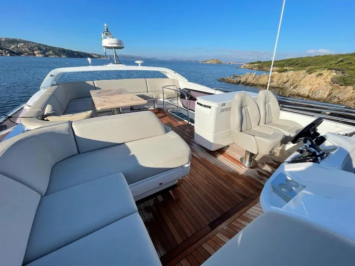 Placid Yacht Photos Pics Luxurious 2019 Princess F55 yacht with spacious deck, elegant seating, and scenic ocean view.