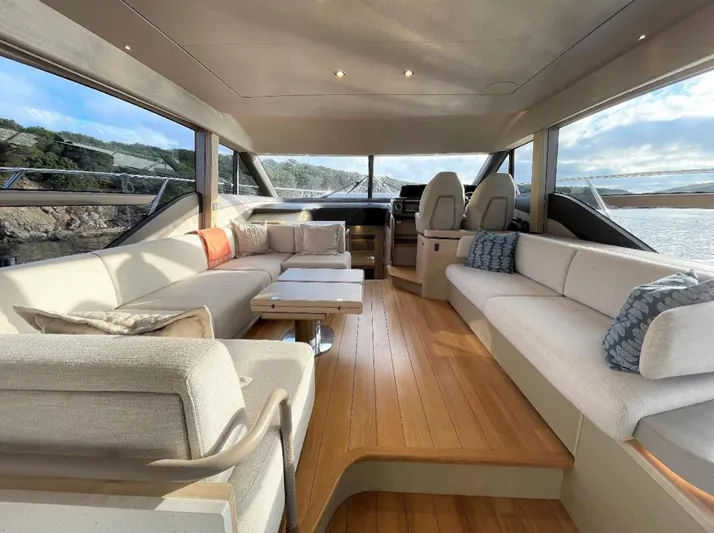 Placid Yacht Photos Pics Luxurious interior of 2019 Princess F55 yacht with elegant seating and panoramic windows.