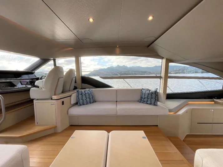 Placid Yacht Photos Pics Luxurious interior of 2019 Princess F55 yacht with elegant seating and panoramic windows.
