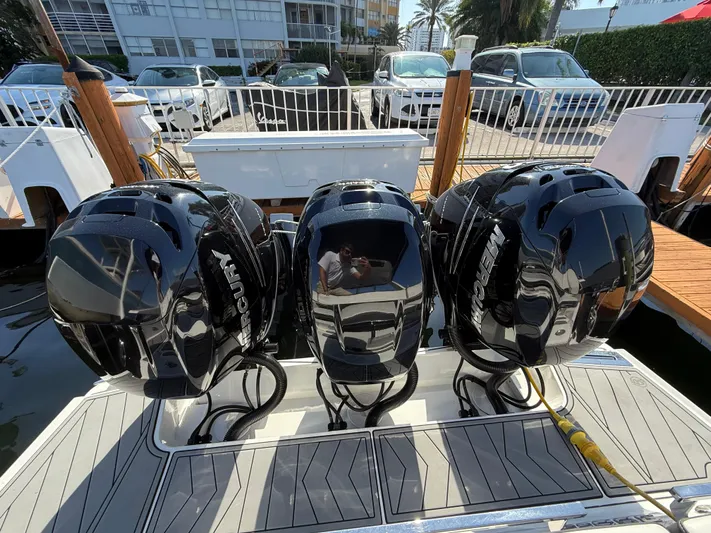  Yacht Photos Pics Triple Mercury outboard engines on a 2020 Monterey 385 Super Express boat.