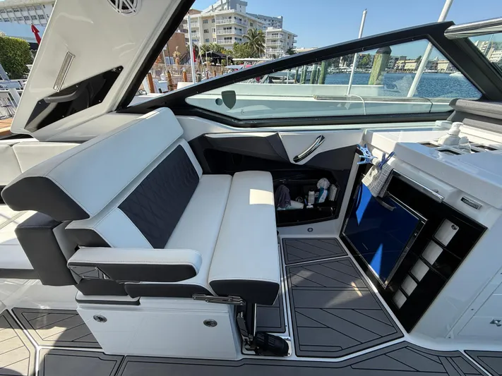  Yacht Photos Pics 2020 Monterey 385 Super Express interior with sleek seating and modern design.