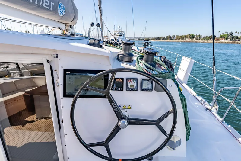  Yacht Photos Pics 2014 Outremer 51 yacht helm with navigation instruments and ocean view.