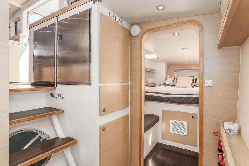  Yacht Photos Pics Interior of 2014 Outremer 51 yacht featuring modern cabin and stainless steel accents.