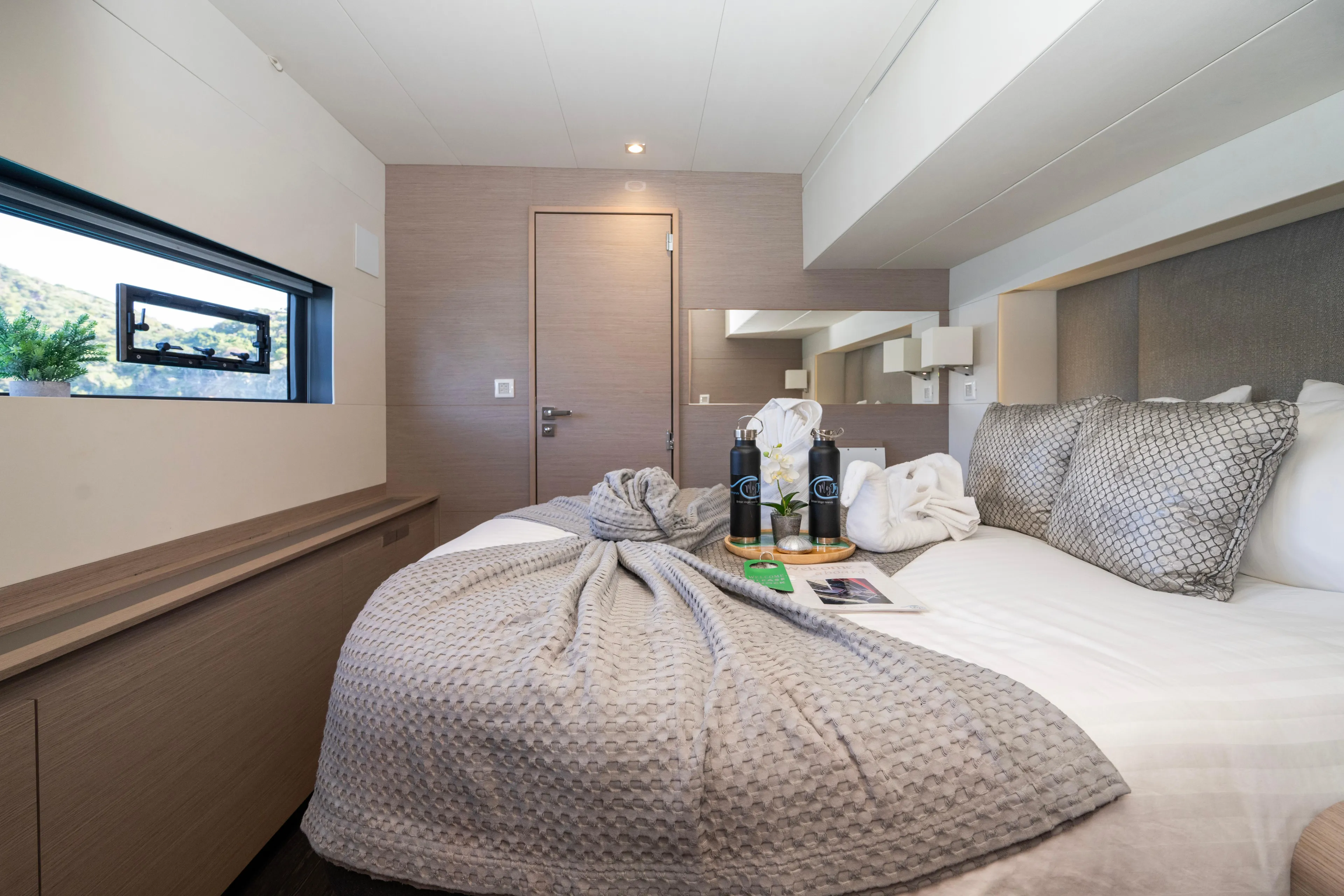 My Ty Yacht Photos Pics Luxurious bedroom in 2021 Fountaine Pajot Catamaran Alegria 67 with elegant decor.