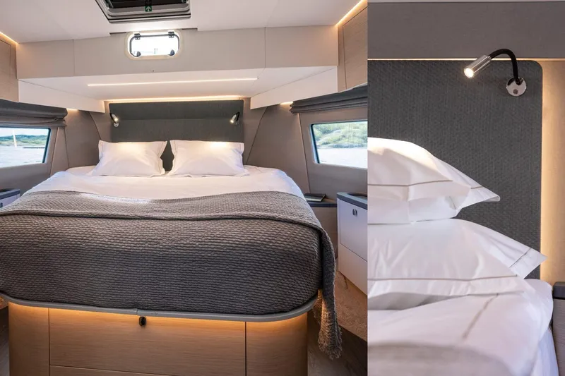  Yacht Photos Pics Luxurious bedroom interior of 2026 Nimbus 495 Flybridge yacht with modern lighting and cozy bedding.