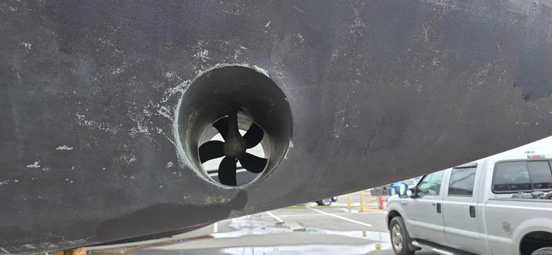 Spirit Bird Yacht Photos Pics Bow thruster on a 2004 Beneteau Oceanis 423 sailboat hull.