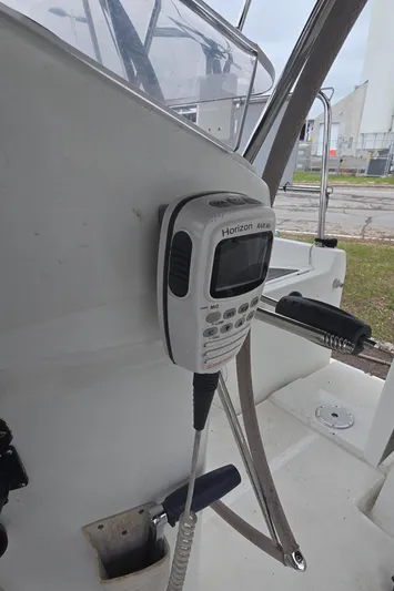 Spirit Bird Yacht Photos Pics VHF radio on 2004 Beneteau Oceanis 423 sailboat cockpit.