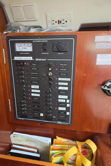 Spirit Bird Yacht Photos Pics Electrical panel inside a 2004 Beneteau Oceanis 423 sailboat cabin.