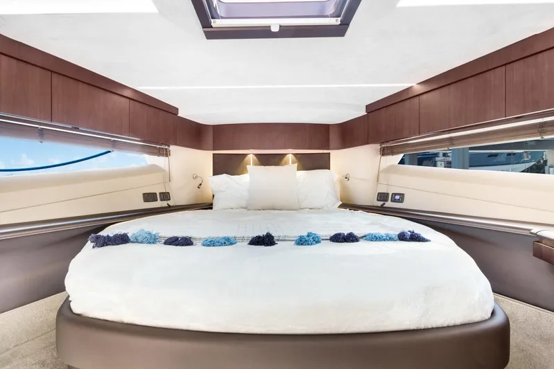 Aquasition Yacht Photos Pics Luxurious bedroom interior of 2020 Galeon 680 Fly yacht with elegant design.