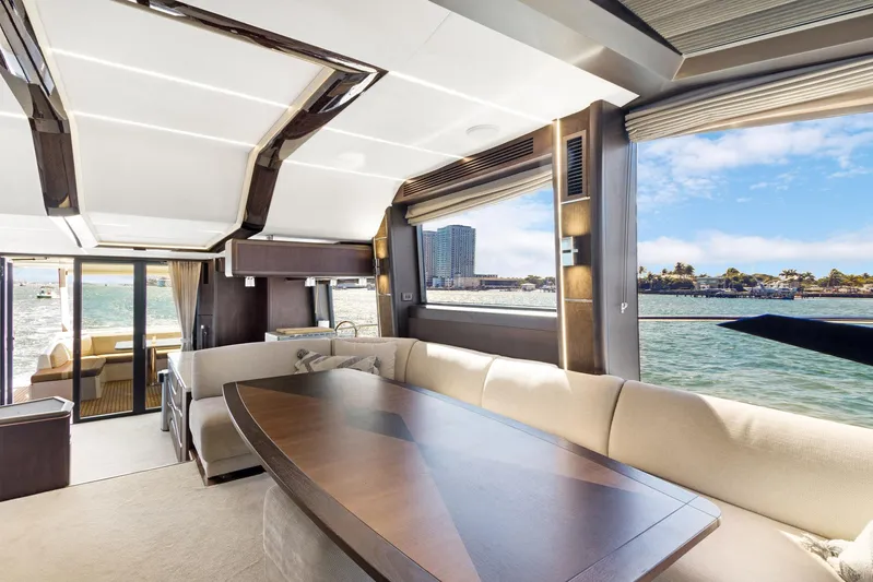 Aquasition Yacht Photos Pics Luxurious interior of 2020 Galeon 680 Fly yacht with scenic ocean view.