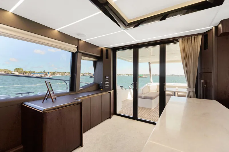 Aquasition Yacht Photos Pics Luxurious interior of 2020 Galeon 680 Fly yacht with ocean view and modern design.