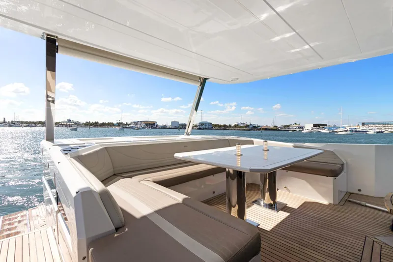 Aquasition Yacht Photos Pics Luxurious seating area on 2020 Galeon 680 Fly yacht with ocean view.