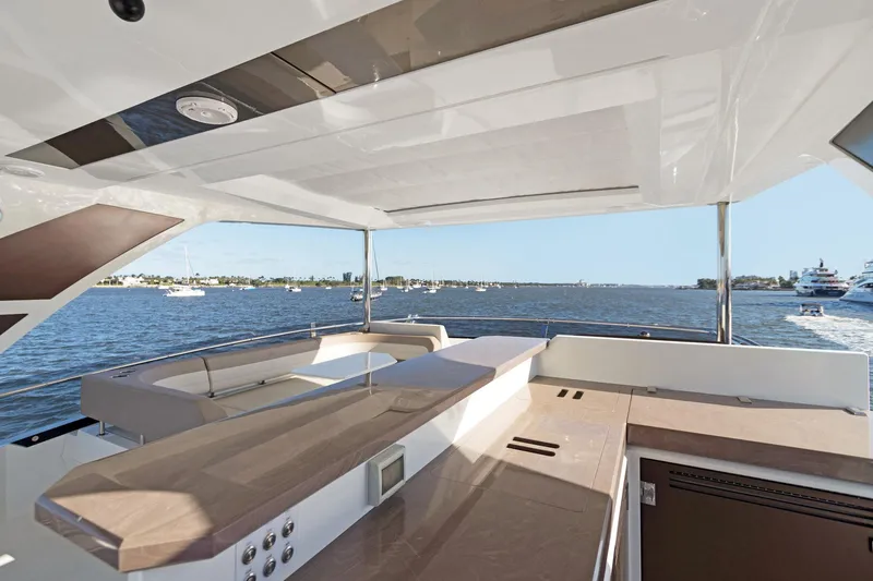 Aquasition Yacht Photos Pics Luxurious 2020 Galeon 680 Fly yacht deck with scenic ocean view.