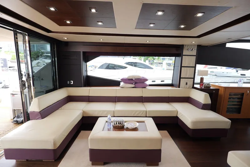  Yacht Photos Pics Luxurious interior of 2013 Sunseeker Manhattan 73 yacht with elegant seating and modern decor.