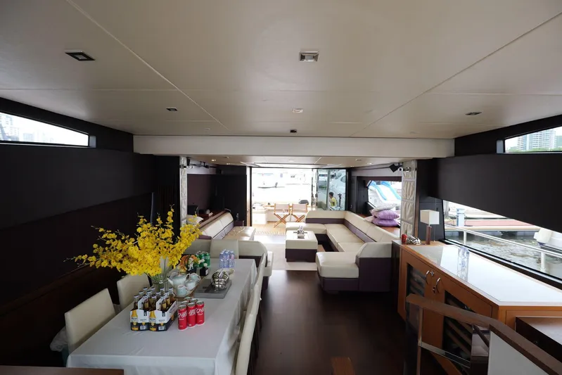  Yacht Photos Pics Luxurious interior of 2013 Sunseeker Manhattan 73 yacht with elegant dining area.