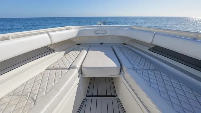 Reel Addiction Yacht Photos Pics Luxury seating on 2016 HCB Suenos 53 boat with ocean view.