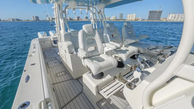 Reel Addiction Yacht Photos Pics Luxury HCB Suenos 53 boat interior, 2016 model, with plush seating and ocean view.