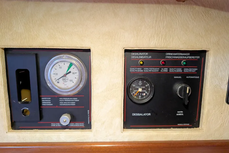 Iteration Yacht Photos Pics Control panel of a 1994 Amel 53 Super Maramu yacht's desalination system.