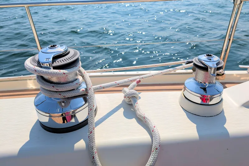 Iteration Yacht Photos Pics Winches and ropes on a 1994 Amel 53 Super Maramu yacht deck.