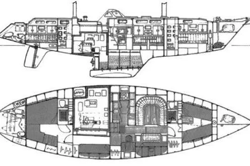 Iteration Yacht Photos Pics Blueprint of 1994 Amel 53 Super Maramu sailboat, showcasing interior layout and design.