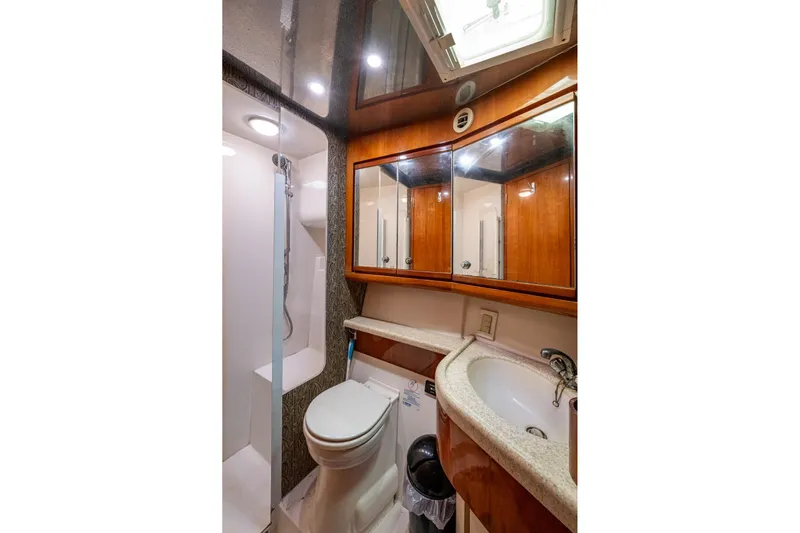 Vet Billz Yacht Photos Pics Luxurious bathroom in 2001 Bertram 390 yacht with shower, toilet, and mirrored cabinets.