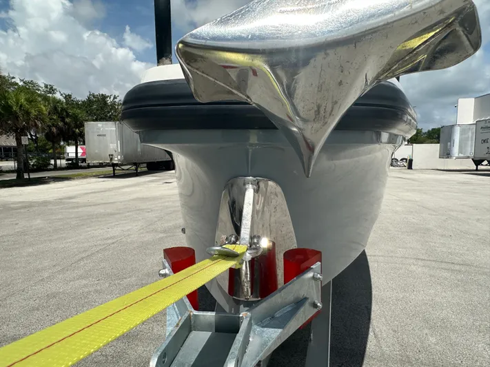  Yacht Photos Pics 2020 Axopar 37 XC CROSS CABIN boat on trailer, close-up of bow and anchor.