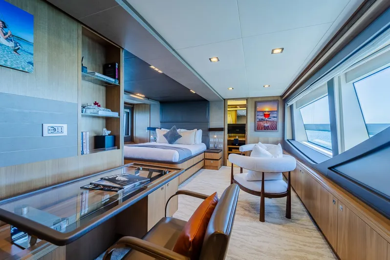 One And Only Yacht Photos Pics Luxurious yacht interior with modern furnishings, large windows, and elegant decor, Custom Line 100, 2012.
